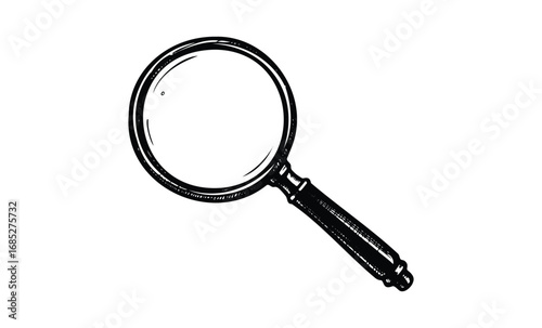 Vintage black and white magnifying glass illustration. Vector retro hand drawn illustration