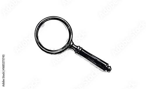 Detailed vintage magnifying glass illustration with wooden handle. Vector retro hand drawn illustration