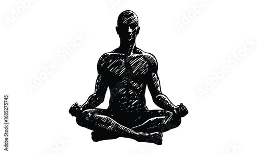 Silhouette of male in meditation pose. Vector retro hand drawn illustration