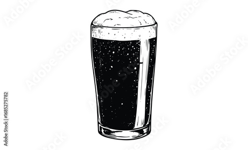 Black and white illustration of foamy beer glass filled with dark ale. Vector retro hand drawn illustration