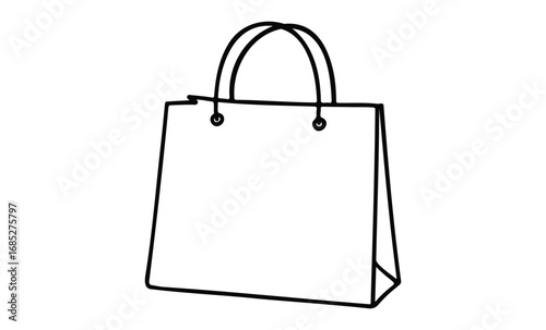 Minimalistic black and white illustration of a shopping bag with handles. Vector retro hand drawn illustration