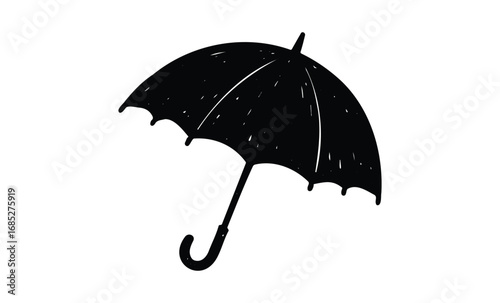 Black open umbrella with curved handle. Vector retro hand drawn illustration
