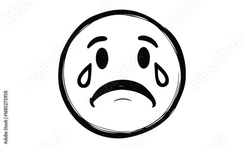 Sad face emoji with teardrops and frown. Vector retro hand drawn illustration