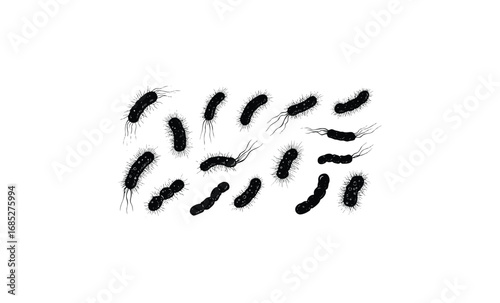 Black silhouette of bacteria with flagella. Vector retro hand drawn illustration