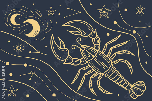 Elegant Zodiac Cancer Sign with Celestial Elements on a Deep Blue Backdrop Symbolizing Intuition and Emotional Depth Depicting Stars Moon and Mystical Patterns