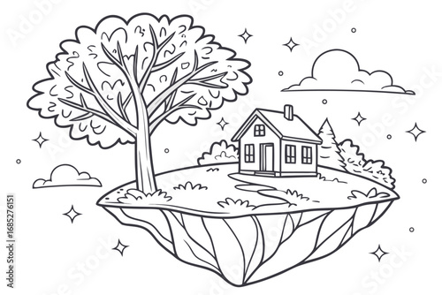 Fantasy Island Home with Majestic Tree and Sparkling Stars A Black and White Coloring Page for Creative Minds and Artistic Adventures