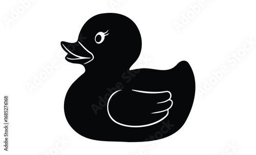 Silhouette of rubber duck with detailing on wing and eye. Vector retro hand drawn illustration