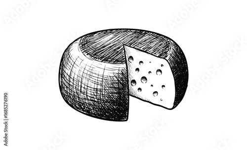Hand-drawn cheese wheel with slice and holes in black and white. Vector retro hand drawn illustration