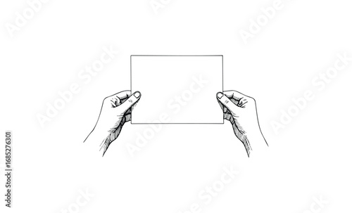 Caucasian adult hands holding blank paper. Vector retro hand drawn illustration