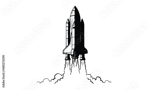 Space shuttle illustration: launching rocket with billowing smoke. Vector retro hand drawn illustration