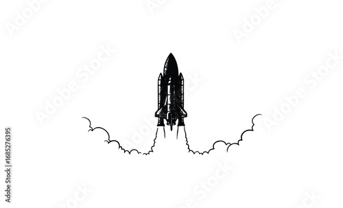 Space shuttle launch: rocket taking off with billowing smoke trails. Vector retro hand drawn illustration