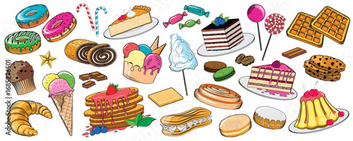 Dessert food - pastries, ice cream and sweets collection - vector illustration