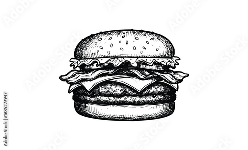Detailed sketch of a classic cheeseburger with lettuce and bacon. Vector retro hand drawn illustration