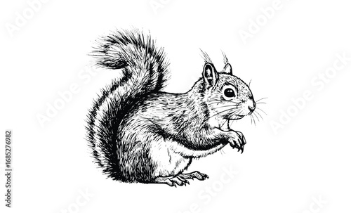 Detailed black and white illustration of a squirrel with bushy tail. Vector retro hand drawn illustration