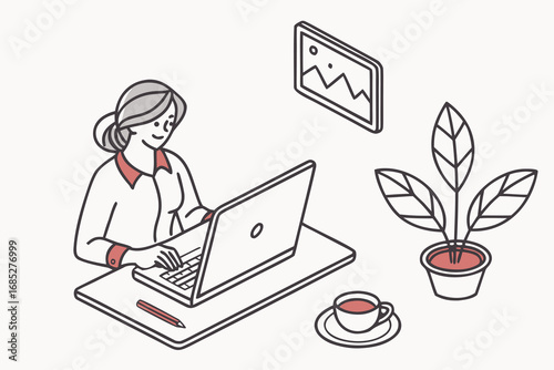 Illustration of Woman Working on Laptop with Tea Plant and Picture Frame Depicting a Modern Home Office Environment