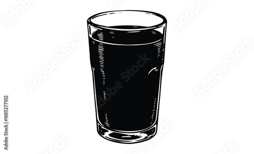Tall glass of dark beverage in black and white sketch style. Vector retro hand drawn illustration