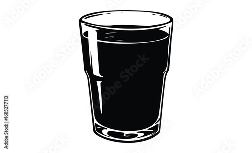 Black and white illustration of a tall glass filled with dark liquid. Vector retro hand drawn illustration