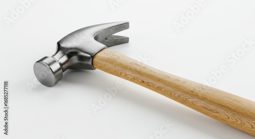 A close-up shot of a claw hammer with a wooden handle, isolated on white.