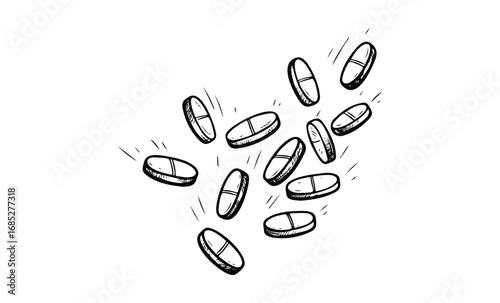 Sketch of falling capsules with motion effect and detailed shading. Vector retro hand drawn illustration