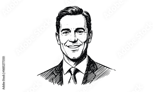 Black and white sketch of smiling caucasian male adult in suit. Vector retro hand drawn illustration