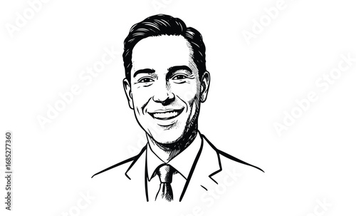 Smiling caucasian male adult in suit illustration with short hair. Vector retro hand drawn illustration