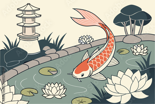 Koi fish swimming in a serene Japanese garden pond with water lilies and traditional pagoda evoking tranquility and Asian aesthetics for background or illustration