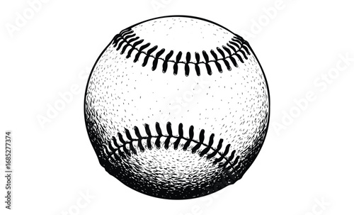 Detailed black and white baseball illustration with stitching pattern. Vector retro hand drawn illustration