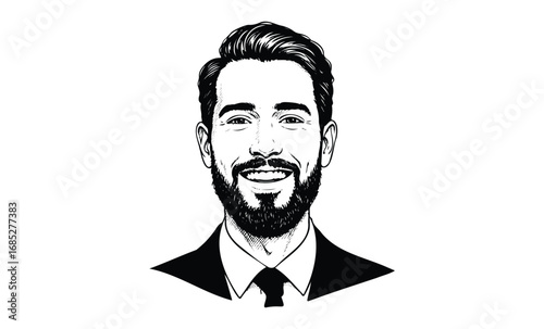 Smiling young caucasian male portrait in black and white artwork. Vector retro hand drawn illustration