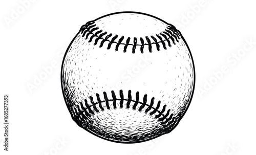 Hand-drawn baseball illustration with detailed stitching and shading. Vector retro hand drawn illustration
