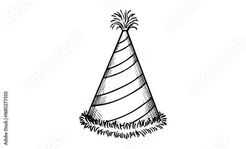 Striped party hat sketch with fringe and pom-pom detail in black and white. Vector retro hand drawn illustration