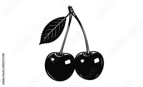 Black and white illustration of two cherries on a stem with leaf. Vector retro hand drawn illustration