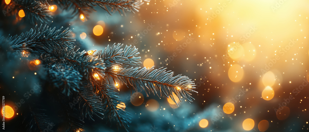 Fototapeta premium Christmas tree branch with glowing fairy lights and falling snow on golden bokeh background. Warm and magical winter scene.