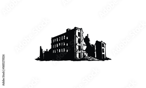 Silhouette of abandoned building with collapsed walls and windows in ruins. Vector retro hand drawn illustration