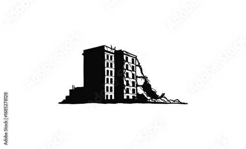 Silhouette of partially collapsed building with debris. Vector retro hand drawn illustration
