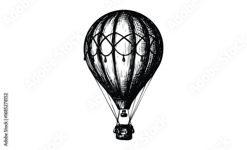 Vintage black and white hot air balloon drawing with detailed sketch lines. Vector retro hand drawn illustration