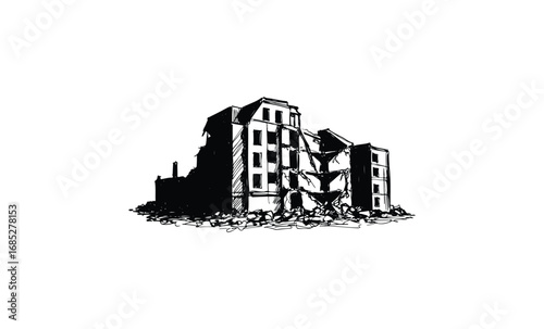 Sketch of abandoned building in ruins with structural damage and debris. Vector retro hand drawn illustration