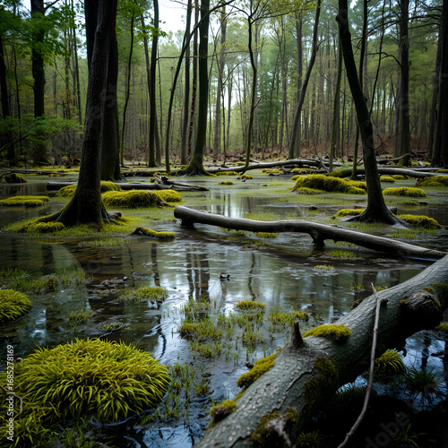 Swamp with trees in the forest. The concept of ecology and environmental protection. Scene riverine swamps. Forest lake with fallen trees, moss, grass in wild. Wetland background. Soft focus.