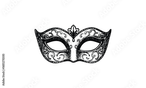 Ornate black and white venetian masquerade mask with intricate swirls and details. Vector retro hand drawn illustration