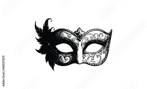Intricate black venetian mask with feathers and decorative patterns. Vector retro hand drawn illustration
