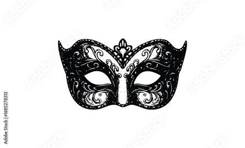 Intricate black and white venetian mask with elegant swirl patterns. Vector retro hand drawn illustration