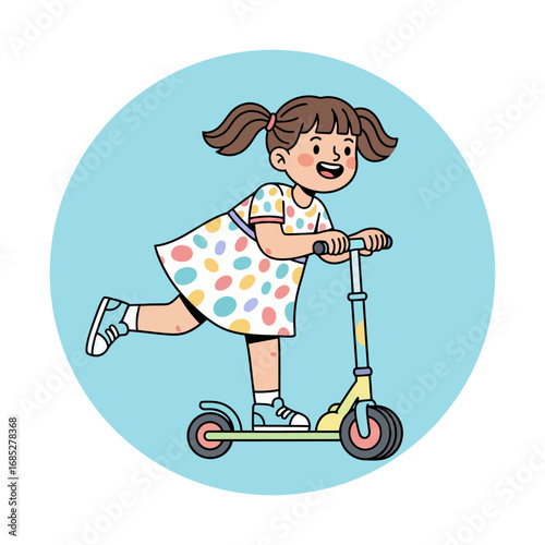 A cartoon girl on a scooter, enjoying a fun activity.