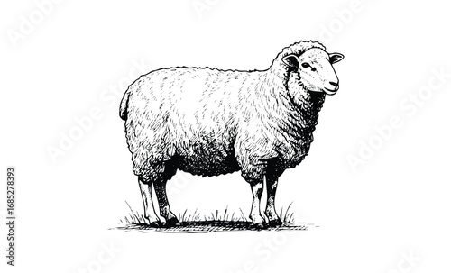 Detailed black and white sketch of a standing sheep on grass. Vector retro hand drawn illustration