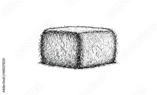 Hand-drawn square hay bale illustration with detailed texture. Vector retro hand drawn illustration