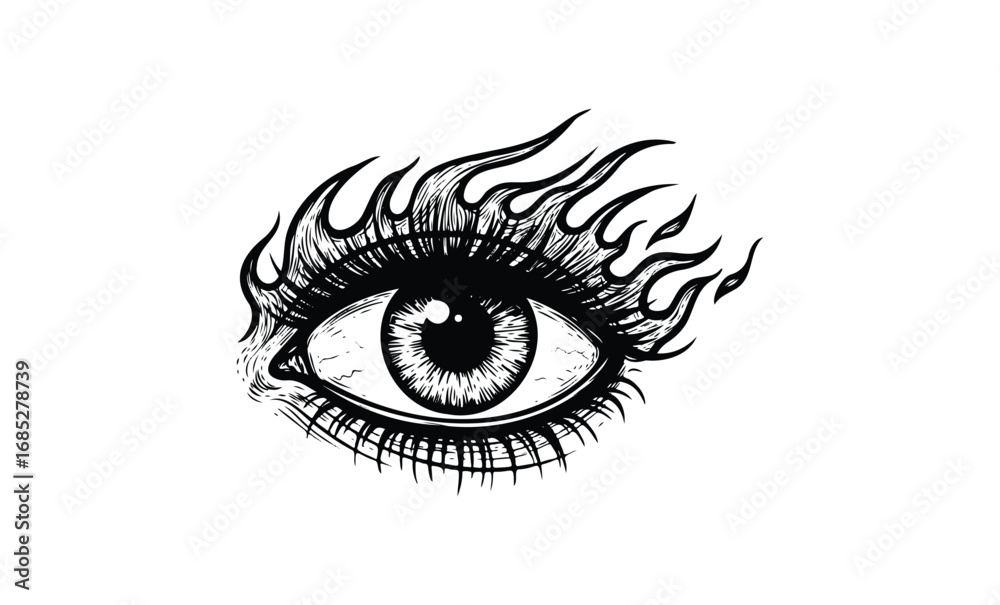 Obraz premium Flaming eye tattoo design: intricate black and white ink art illustration. Vector retro hand drawn illustration