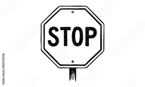 Black and white stop sign illustration with octagonal shape and bold lettering. Vector retro hand drawn illustration