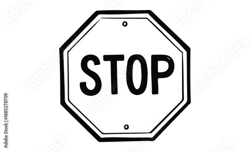 Black and white stop sign illustration. Vector retro hand drawn illustration