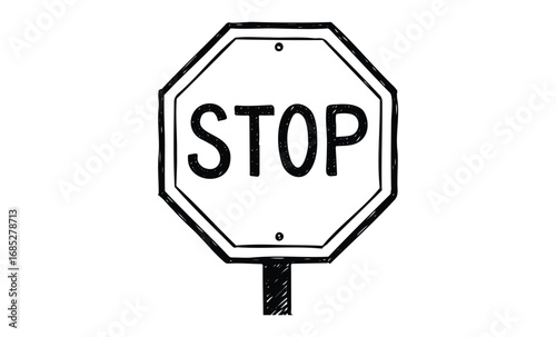 Black and white hand-drawn octagonal stop sign illustration. Vector retro hand drawn illustration