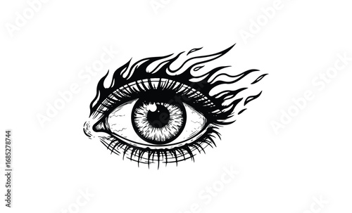Surreal eye with fiery flames abstract artistic illustration. Vector retro hand drawn illustration