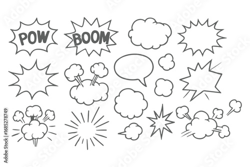 Comic boom cartoon effect line element set. Comic speech bubble pow, boom text, explosive splash smoke, wow cartoon vector icon. Hand drawn sketch doodle explosive element. Vector illustration. EPS
