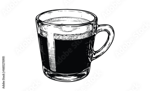 Detailed black and white sketch of a coffee mug filled with dark coffee. Vector retro hand drawn illustration